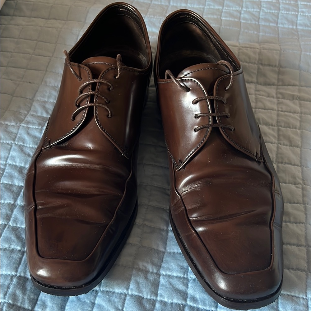 Prada Dark Brown Leather Derby Shoes with Polished Finish